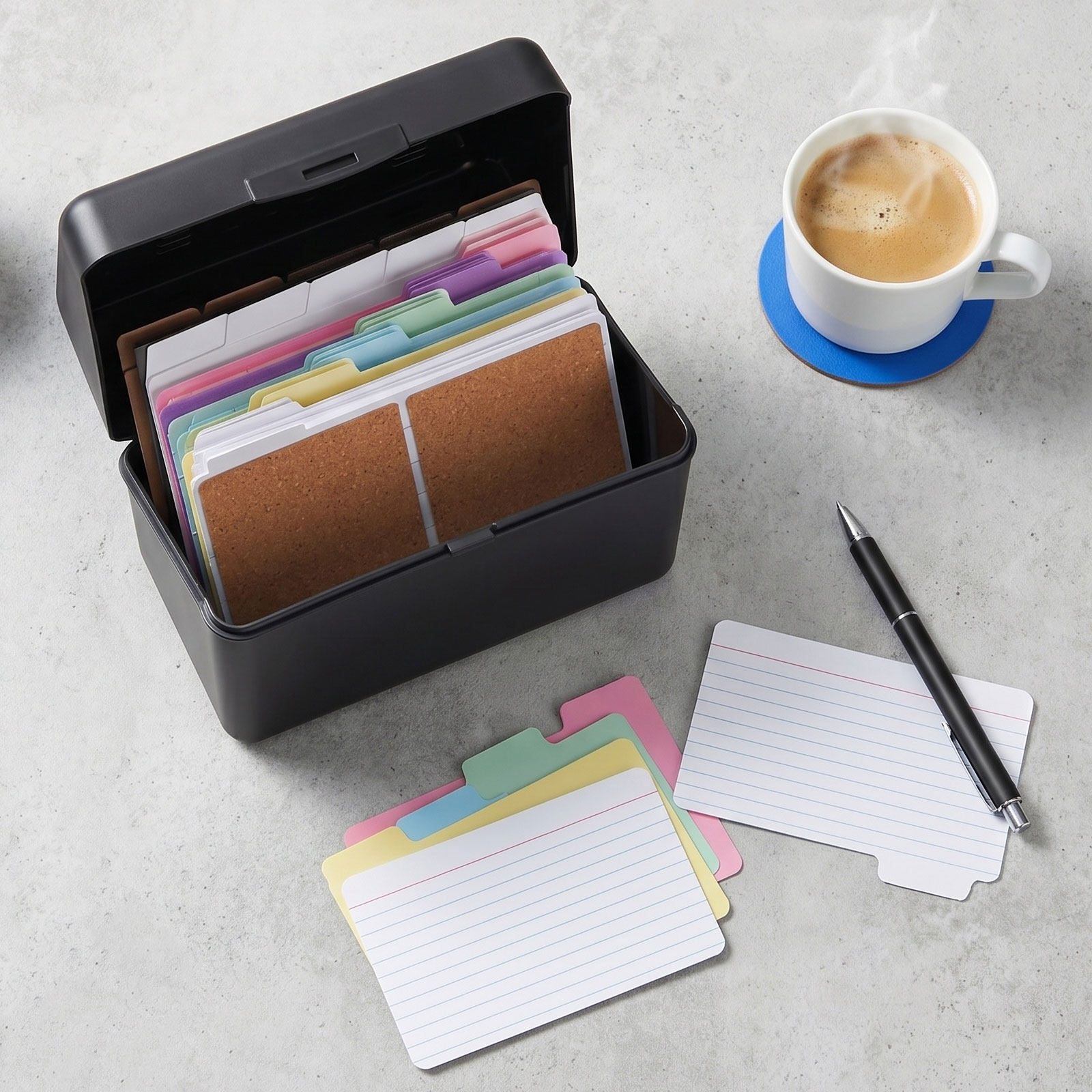 Card Index Box - 2 Sets Desktop-Kartenaufbewahrungsbox, Schwarzes Indexkarten-Organizer-Set, Farbige
