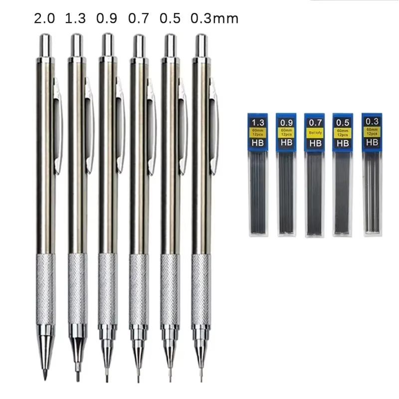 Mechanical Pencil 0.3 - Metall-Druckbleistift-Set 0,3/0,5/0,7/0,9/1,3/2,0 mm, automatisches Zeichen- und